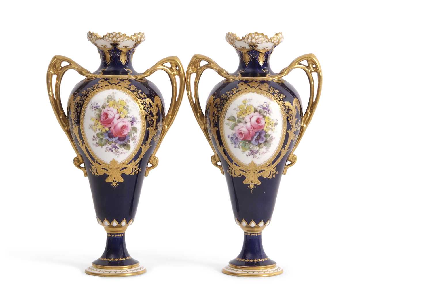 Lot 32 - A pair of Royal Crown Derby vases with gilt...