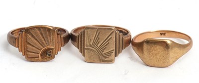 Lot 194 - Three 9ct rings: one with square panel with...