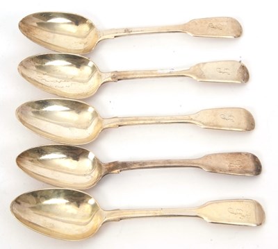 Lot 22 - Five William IV silver fiddle pattern dessert...