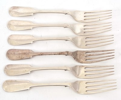 Lot 45 - A set of six silver fiddle pattern table forks,...