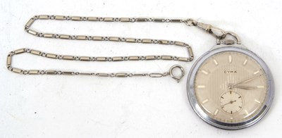 Lot 241 - A metal Cyma pocket watch, crown wound fifteen...