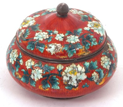 Lot 150 - A Korean Cloisonne bowl and cover, red ground...