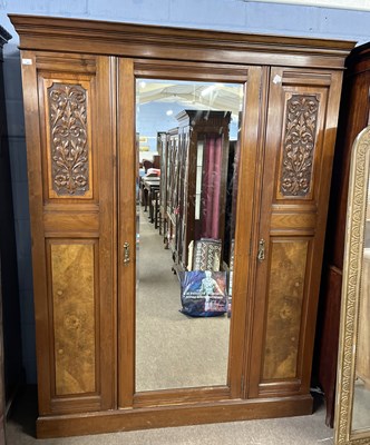 Lot 463 - Late Victorian walnut wardrobe with central...