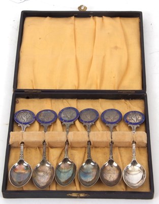 Lot 194 - A cased set of six George VI silver and enamel...