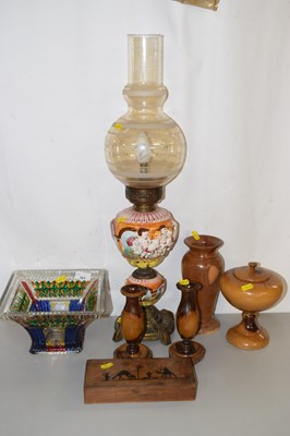 Lot 163 - Painted oil lamp together with various treen...