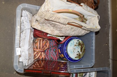 Lot 584 - Box of various sewing sundries, knitting wool etc