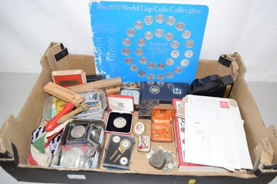 Lot 86 - Box of assorted coins, stamps and other bygones