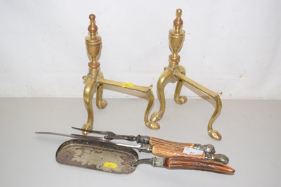 Lot 97 - Pair of fire dogs and antler handled carving set