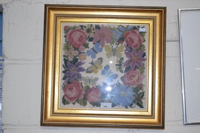 Lot 250 - Woolwork picture of roses and butterflies,...