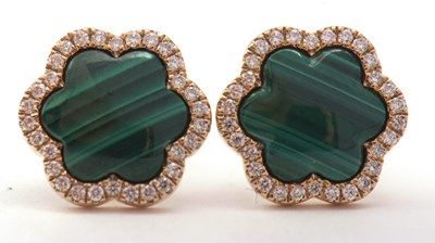 Lot 101 - A pair of 9ct malachite and diamond earrings,...