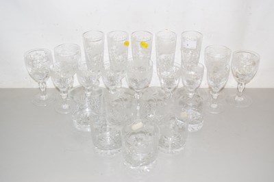 Lot 1 - Set of modern floral engraved drinking glasses...