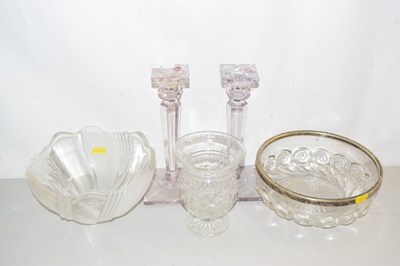 Lot 5 - A pair of glass candlesticks, two glass bowls...