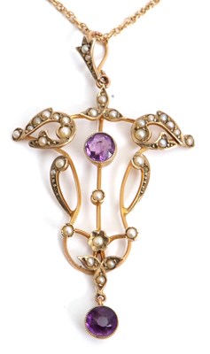 Lot 96 - An Edwardian 9ct amethyst and seed pearl...