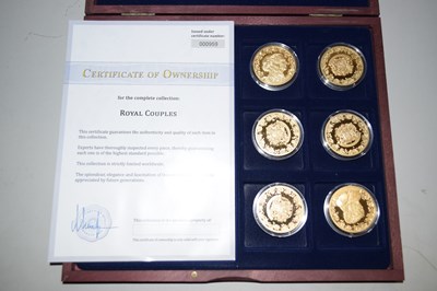 Lot 124 - A set of six gold plated royal couples medallions