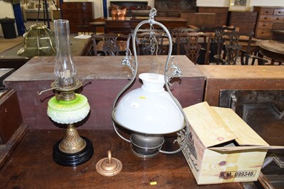 Lot 282 - A brass framed hanging oil lamp together with...