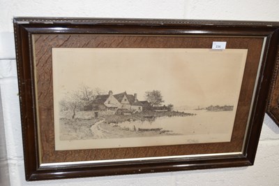 Lot 236 - Monochrome print of riverside cottages,...