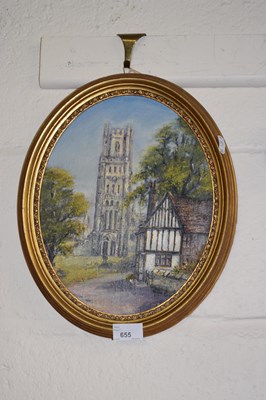 Lot 655 - An oval oil on board of a Church, gilt framed