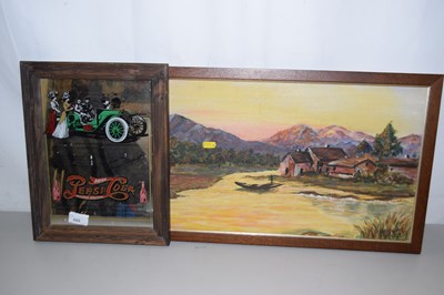 Lot 668 - A Pepsi Cola printed mirror and a river view, oil