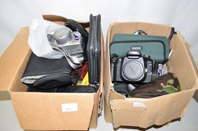 Lot 675 - Two boxes of assorted cameras and equipment to...
