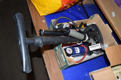 Lot 526 - Box containing foot pump, bicycle spares etc