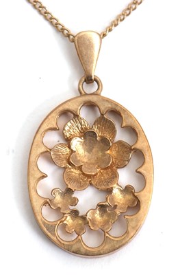 Lot 106 - A 9ct necklace, with pierced oval floral...