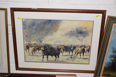 Lot 272 - Nolovu study of buffalo, watercolour, framed...