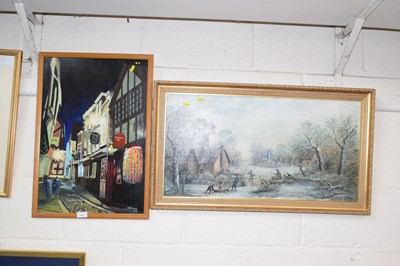 Lot 760 - Night time street scene, oil on board and a...