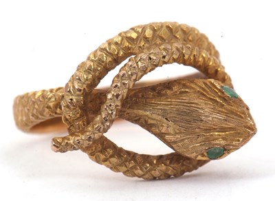 Lot 42 - A 9ct snake ring, the coiled snake with body...