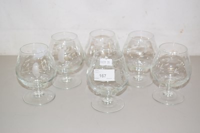 Lot 167 - Six Luminarc brandy glasses with etched floral...