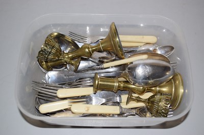 Lot 105 - Box of assorted cutlery, brass candlesticks etc