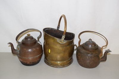 Lot 185 - Two copper kettles and a brass coal bucket