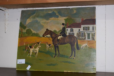 Lot 412 - A small oil on board study of huntsmen and hounds