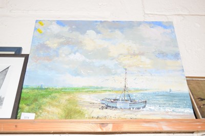 Lot 574 - Modern oil on board study of moored boat