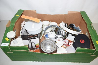 Lot 612 - Box of various tea wares, headphones etc
