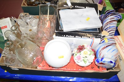 Lot 627 - One box of assorted glass wares, cheese board,...