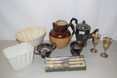 Lot 655 - A silver plated tea set, jelly mould, stone...