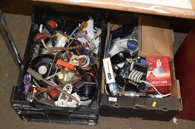 Lot 717 - Two boxes of various tools, light fittings,...