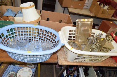 Lot 764 - Two baskets of assorted glass wares, silver...