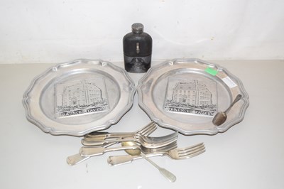 Lot 97 - Two pewter dishes, plated cutlery, hip flask etc